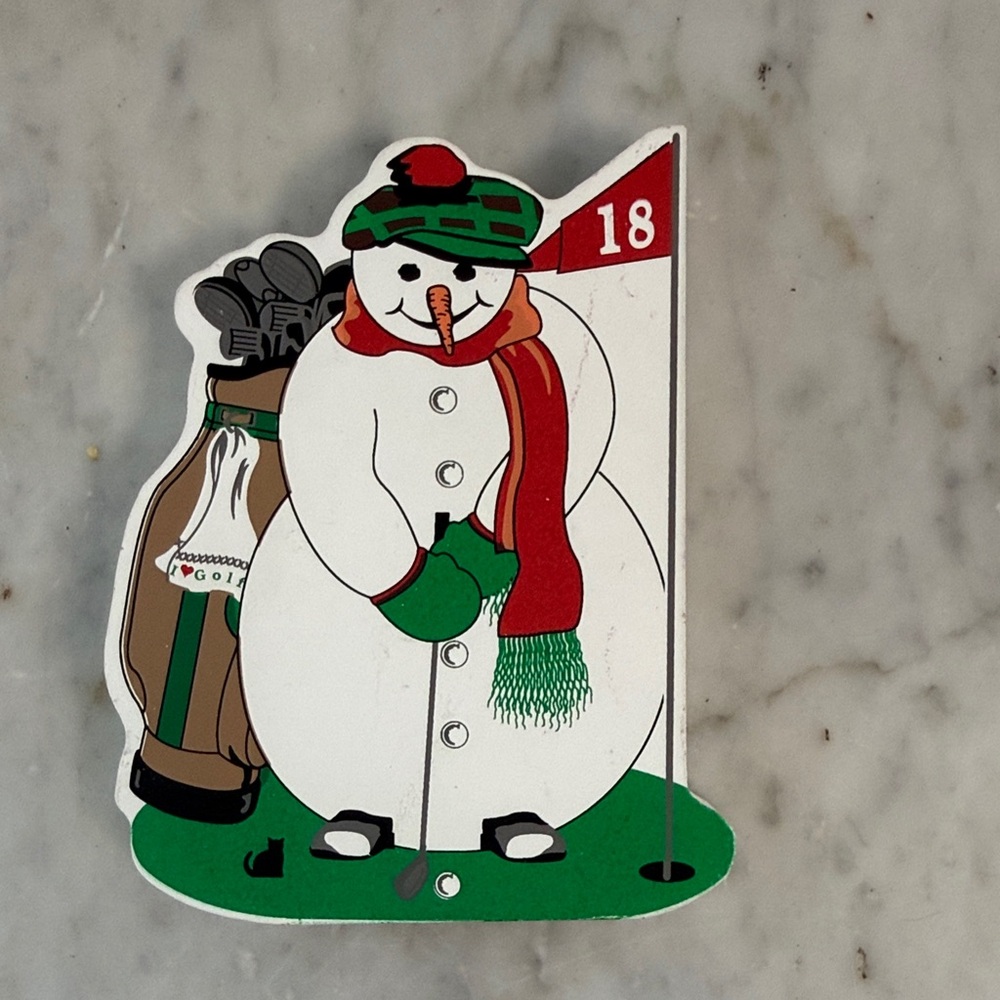 Vintage Christmas Snowman Golf Decor signed 2002 wooden shelf sitter